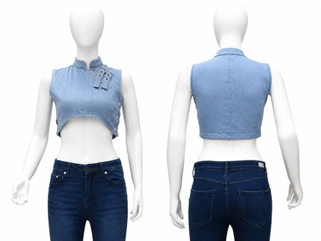 CR1912 UPCYCLED BUCKLE DETAIL DENIM CROP TOP