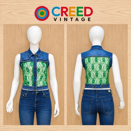 CR2289 UPCYCLED DENIM & LACE CROP WESTE
