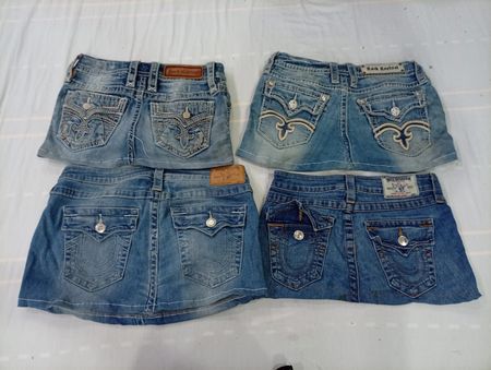 CR10581 Upcycled Rock Revival and True Religion Mini Denim Skirts