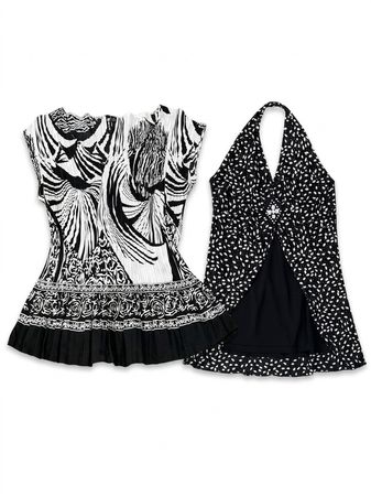 (FV-2586) Y2K Black & White Aesthetic Patterned Tops Bundle