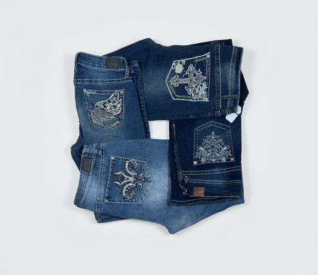 Vintage Y2K Women's Cross & Floral Embroidered Pocket Denim Jeans - Rhinestone Studded Bootcut Wholesale Bundle #73