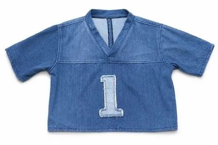 CR2147 UPCYCLED DENIM VARSITY CROP TOP