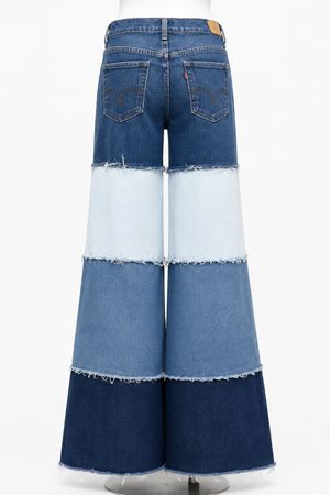 CR2076 UPCYCLED TIERED COLOR-BLOCK DENIM FLARE JEANS