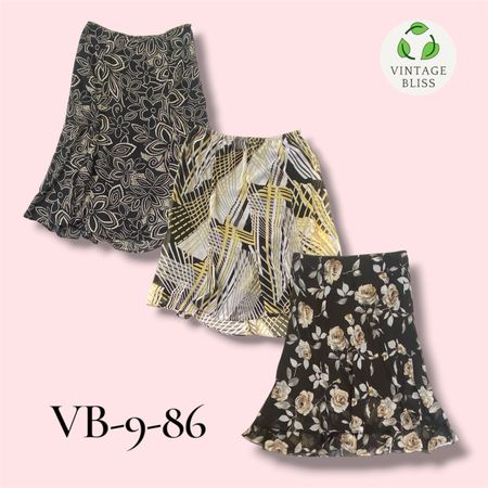 Pacote de Atacado de Saia de Poliéster Preta Impressa Y2K – Estilos Vintage Sortidos (VB-9-86) 8 peças