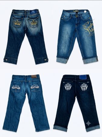 Lot of 4 Vintage Y2K Embellished Denim Capris | Southpole, Crown & Dragonfly Embroidered Capri/shorts(S-41)