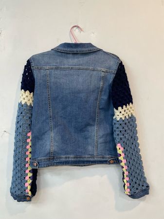 Upcycle Denim Jacket With Crochet Sleeve (Dv-9-176)