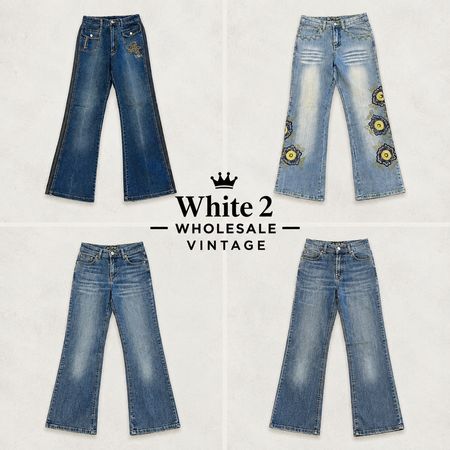 Y2K Vintage Flared Denim Jeans Bundle – Retro Low Rise Blue Wash Bell Bottom Jeans(YWV61)