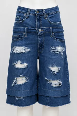 CR2211 PANTALONI CORTI IN DENIM DISTRESS CON DOPPIA VITA RICICLATI