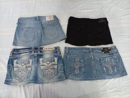CR10605 Upcycled Mix Branded Mini Denim Skirts