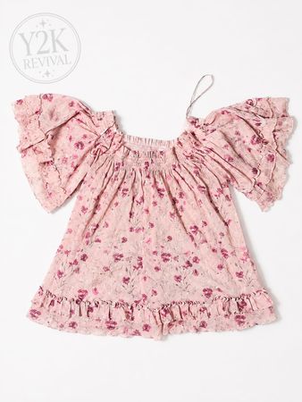 Y2K Pink Floral Ruffle Sleeve Babydoll Top
