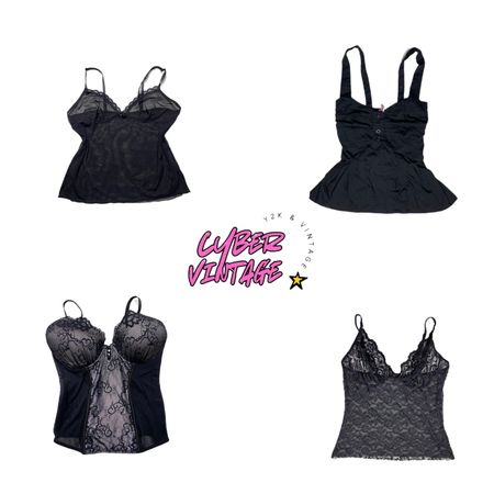 Y2K Vintage Black Lace & Mesh Cami Tops | Gothic Coquette Lingerie Tops (MH-068)