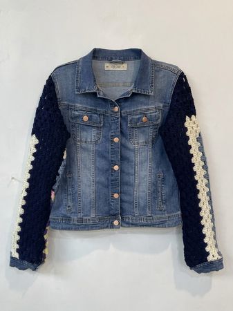 Upcycle Denim Jacket With Crochet Sleeve (Dv-10-42)