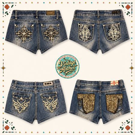 Retro Rhinestone & Sequin Denim Low Rise Shorts Bundle :11pcs (R1)