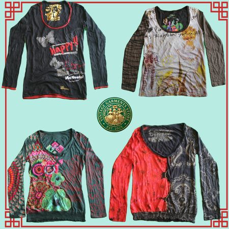 Desi Gull Y2K Gedruckte Blusen-Bündel • Vintage Ästhetik Retro Langarm-Lot (6 PCS)