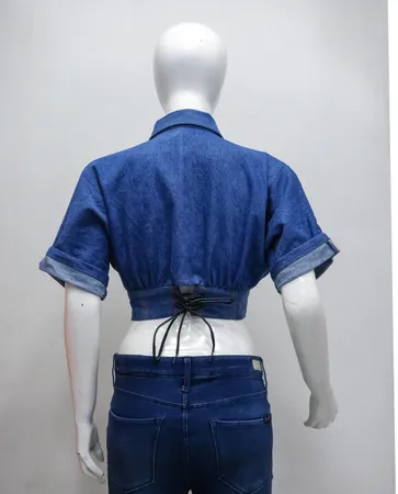 CR2218 UPCYCLED DENIM CROPPED ZIP BLOUSE