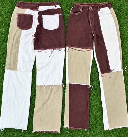 jeans en patchwork vintage pour femmes upcycle – Design de panneaux en brun, crème et beige fait main