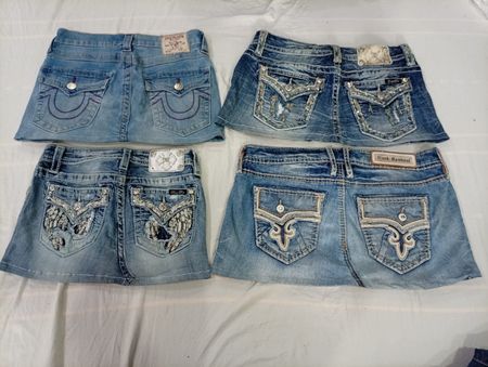 CR10888 Upcycled Mix-Branded Mini Denim Skirts