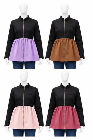 CR2003 Upcycled Color-Block Peplum Zip Jacket