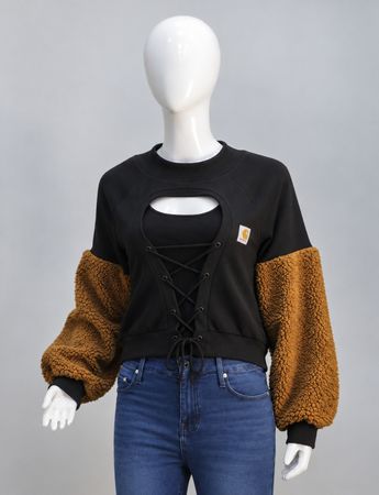 CR2256 UPCYCLED CARHARTT SHERPA-SLEEVE LACE-UP CROP SWEATSHIRT