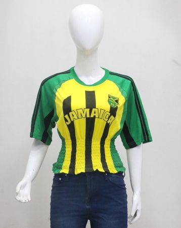 CR2153 UPCYCLED JAMAICA FOOTBALL SHIRRED JERSEY TOP