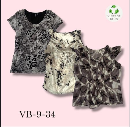 Y2K schwarz-weiße bedruckte Polybluse kurzärmelig im Vintage-Stil (VB-9-34) 9 Stück