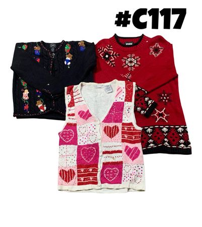 Wholesale Vintage Christmas Sweaters Bundle | 10pcs Women’s Holiday Cardigans Mix (Studio, Quacker Factory M-XL) C#117
