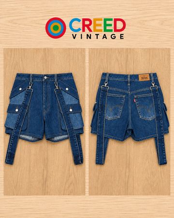 CR2285 UPCYCLED DENIM SUSPENDER CARGO SHORTS
