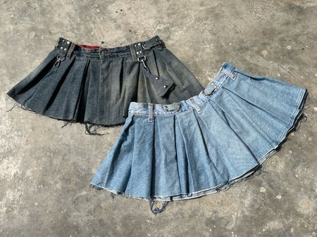 Upcycled Y2K Denim Pleated Mini Skirts With Metal Embellishments
