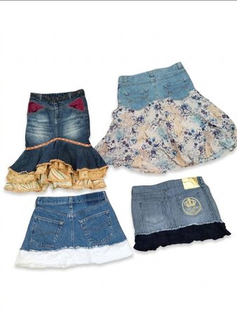 Y2K Fairycore Denim Mini Skirt Bundle | Ruffled, Floral & Layered Denim Skirts Lot
(VM-185)
