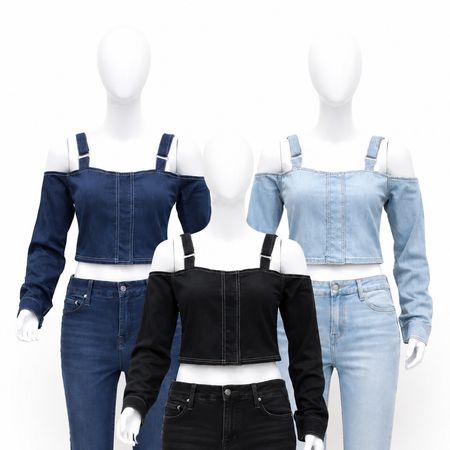 CR2088 Upcycled Denim Strap Crop Top