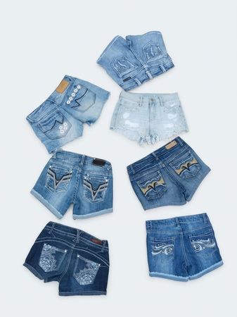 Shorts de Jeans com Bolso Bordados Femininos – Lavagens Misturadas (S-75)