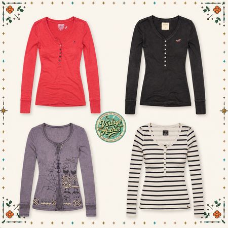 Retro Damen Langarm-Henley-Tops Bundle: 10 Stück (HT1)