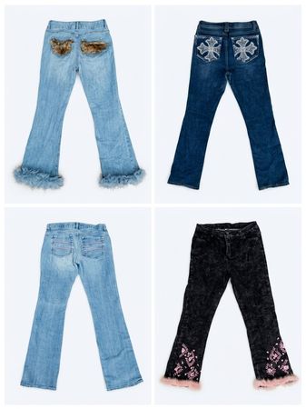 Y2K Vintage Denim Jeans Bundle Lot | Faux Fur Trim, Cross Rhinestone & Embellished Bootcut Flares(Z-27)
