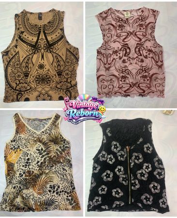 Y2K Vintage Printed Mesh & Boho Top Bundle