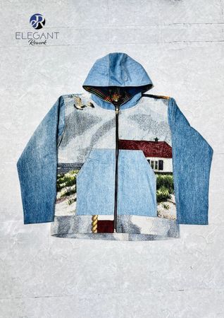 Upcycled Tapestry & Denim Hoodie Zipper - EVR0485