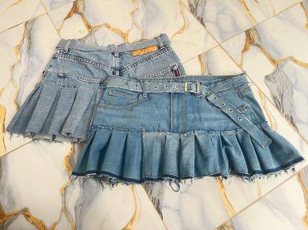 Upcycled Denim Pleated With Belt Mini Skirt
