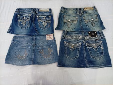 CR10571 Upcycled Mix Branded Mini Denim Skirts