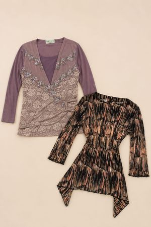 Y2K Vintage Lace & Abstract Print Long Sleeve Top Bundle