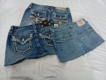 CR11084 Upcycled Mix-Branded Mini Denim Skirts