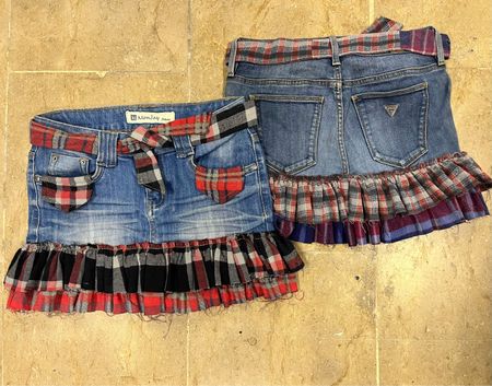 Upcycled Denim & Flannel Ruffle Mini Skirt