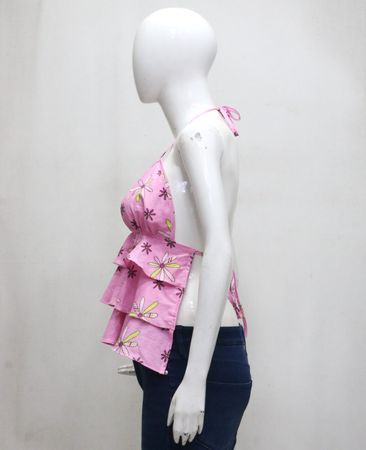 CR1948 UPCYCLED TIERED RUFFLE HALTER TOP