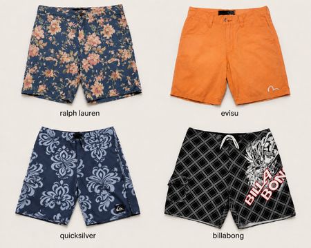 7 PCS Premium Brand Shorts Bundle Ralph Lauren, Billabong, Quiksilver, Evisu, Calvin Klein, Puma & New Balance Sizes 28–34 Grade ABC