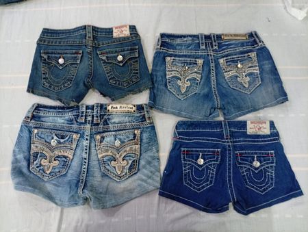 CR10682 Upcycled True Religion and Rock Revival Mini Denim Shorts
