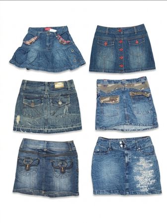 Y2K Denim Mini Skirt Bundle | Vintage Flared, Camo & Graphic Pocket Skirts Lot
(VM-183)