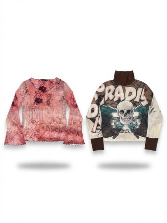 (FV-2083)     Vintage Y2K Graphic & Mesh Long Sleeve Tops Bundle | Grunge Fairycore Women’s Wholesale