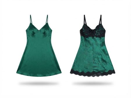 (FV-2741)Vintage Y2K Emerald Green Slip Dress Bundle – Satin Cami Mini Dresses, 90s Lingerie Style