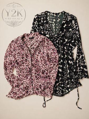 Y2k Printed Tie-Front Blouse