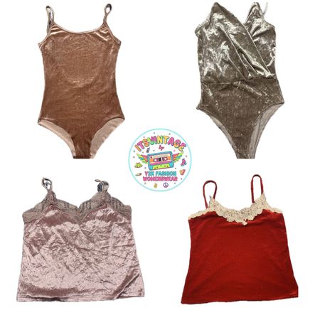 Vintage Y2K Crushed Velvet Bodysuit & Cami Bundle – 8pcs | Velour Bodies & Lace Trim Tops | VR378 🤎✨