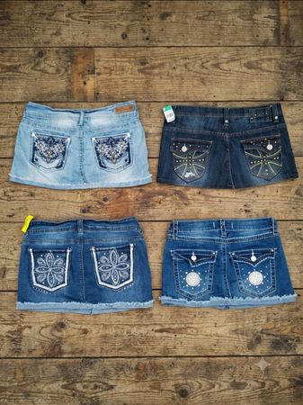 Cute Y2K Denim Mini Skirt | Sparkly Embroidered Pocket Details(VM-145)