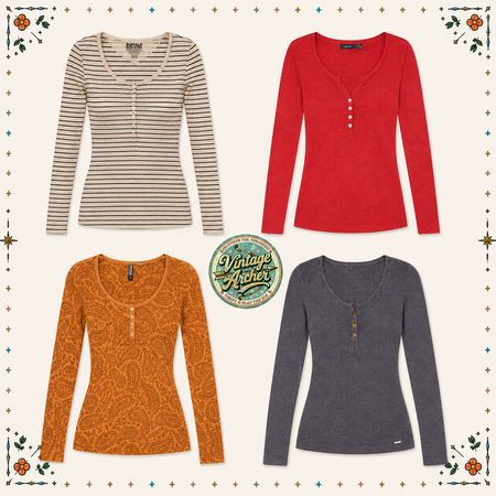 Retro Damen Langarm-Henley-Tops Bundle: 10 Stück (HT3)
